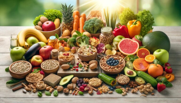 A variety of colorful fruits, vegetables, nuts, and seeds, all arranged to highlight the abundance and diversity of a raw vegan diet