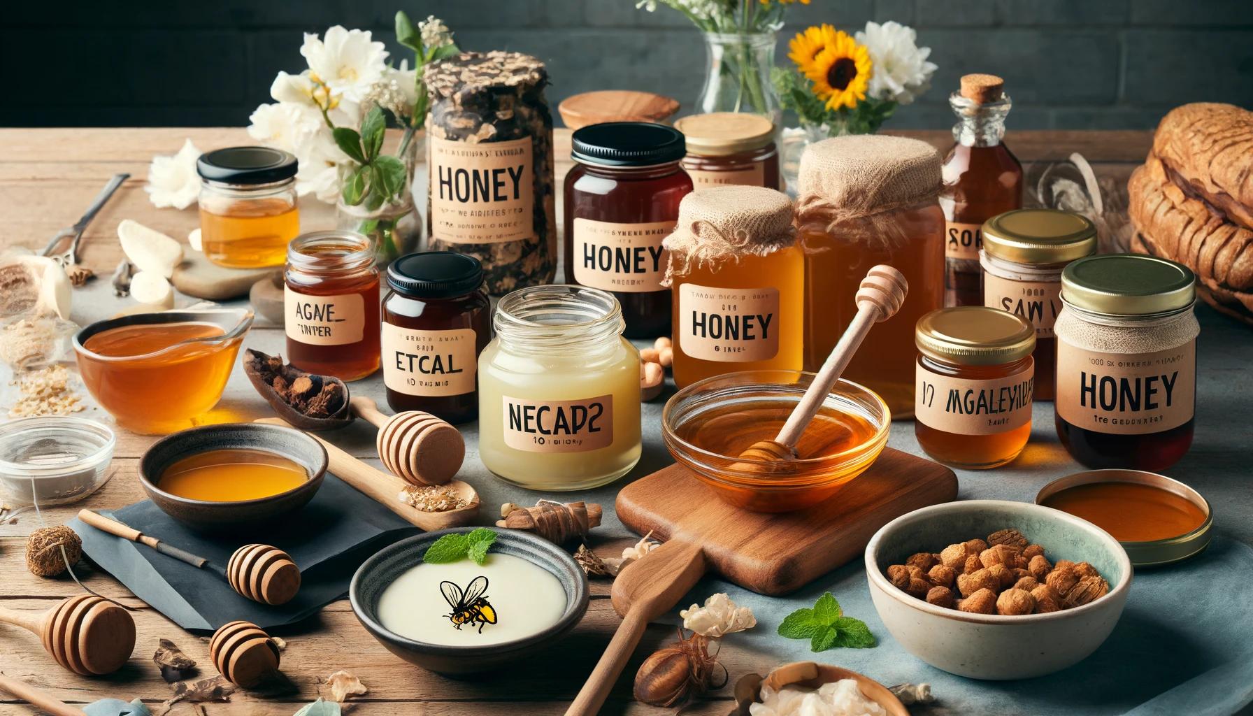 Numerous glass jars filled with honey, prompting the question, "is honey vegan?" due to the animal-derived nature of the product