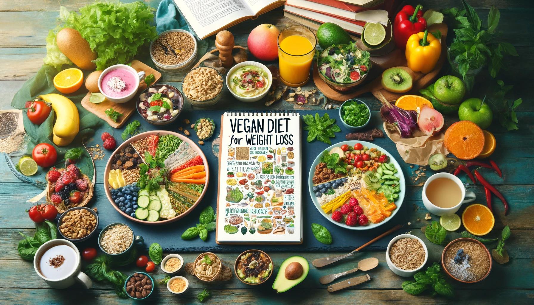 A colorful array of vegetables, fruits, and various vegan foods, showcasing the diversity and abundance of options available on a vegan diet for weight loss