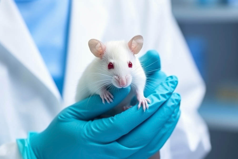 A hand gently holds a laboratory mouse, emphasizing the need for exploring alternatives to animal testing