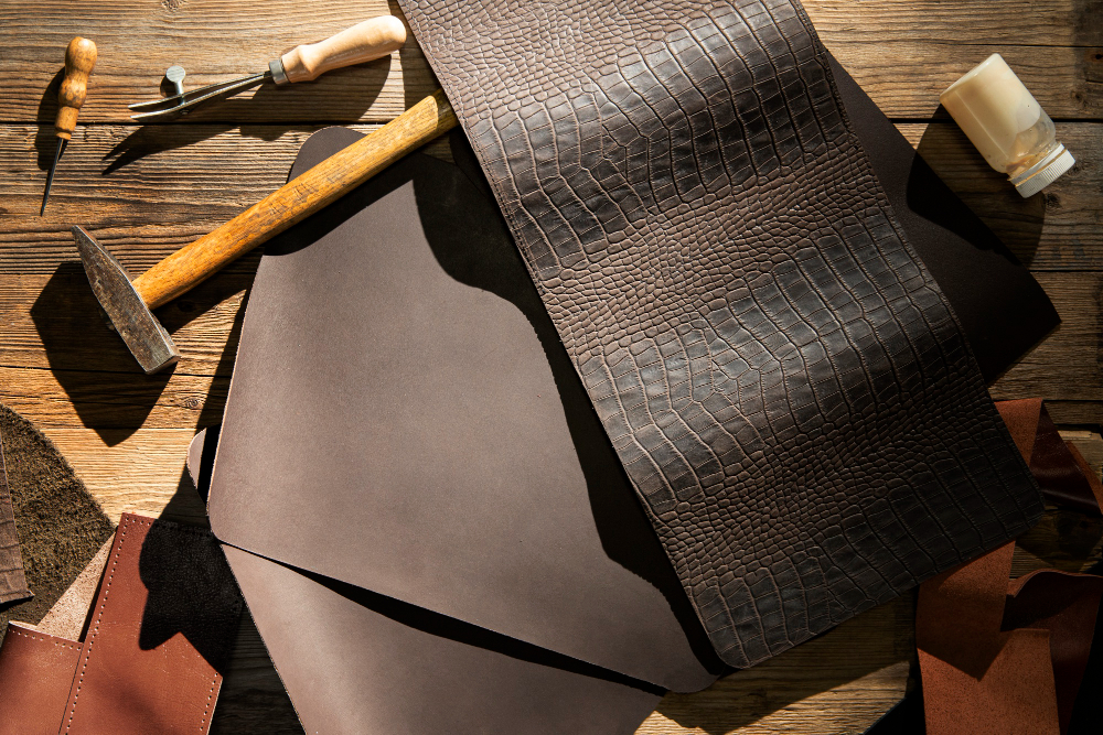 A piece of vegan leather, a hammer, and various crafting tools laid out on a wooden table