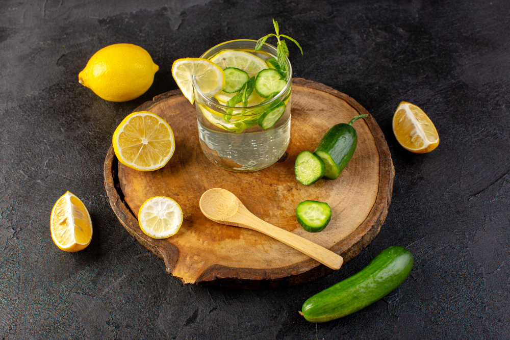 A glass of vodka sits on a round wood cutting board accompanied by sliced cucumbers and lemons, showcasing a refreshing vegan alcohol option